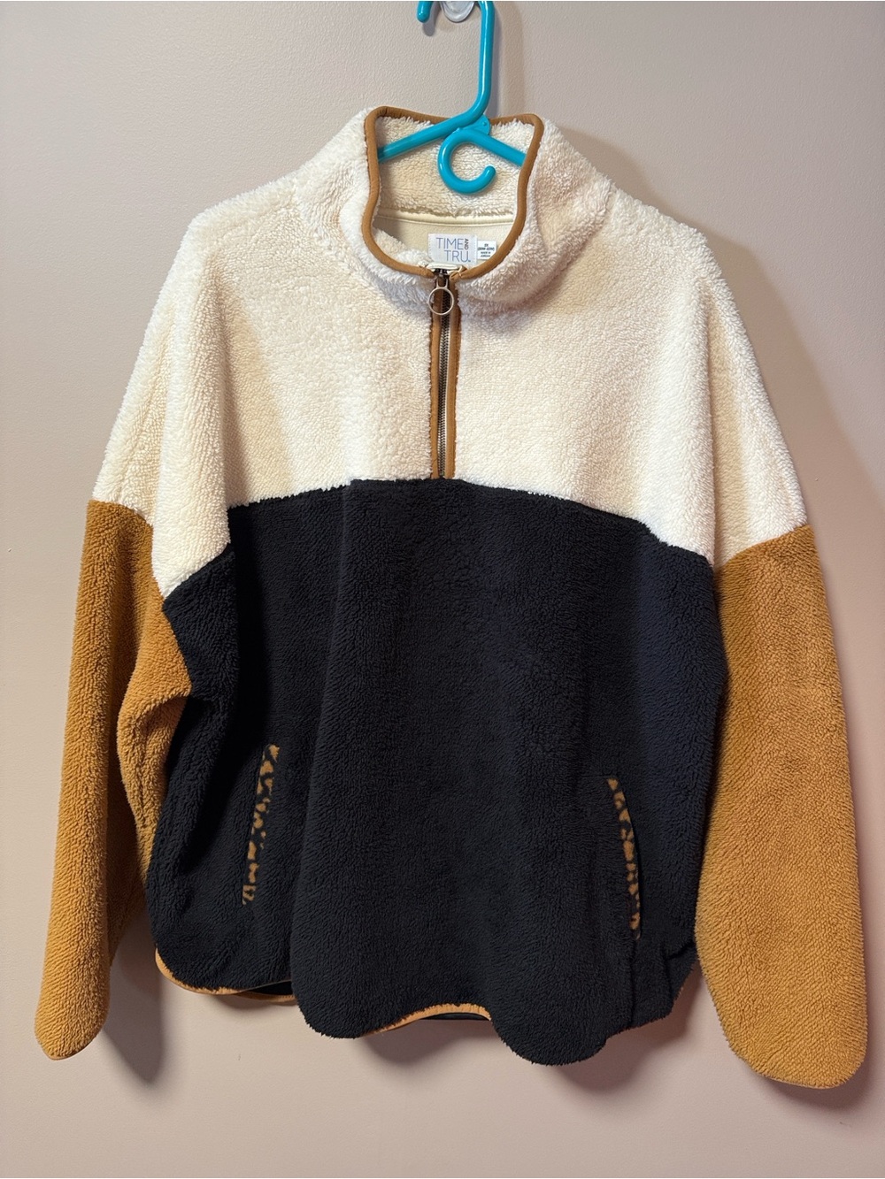 Time and Tru Colorblock Sherpa Half-Zip Jacket - Cream, Black & Tan